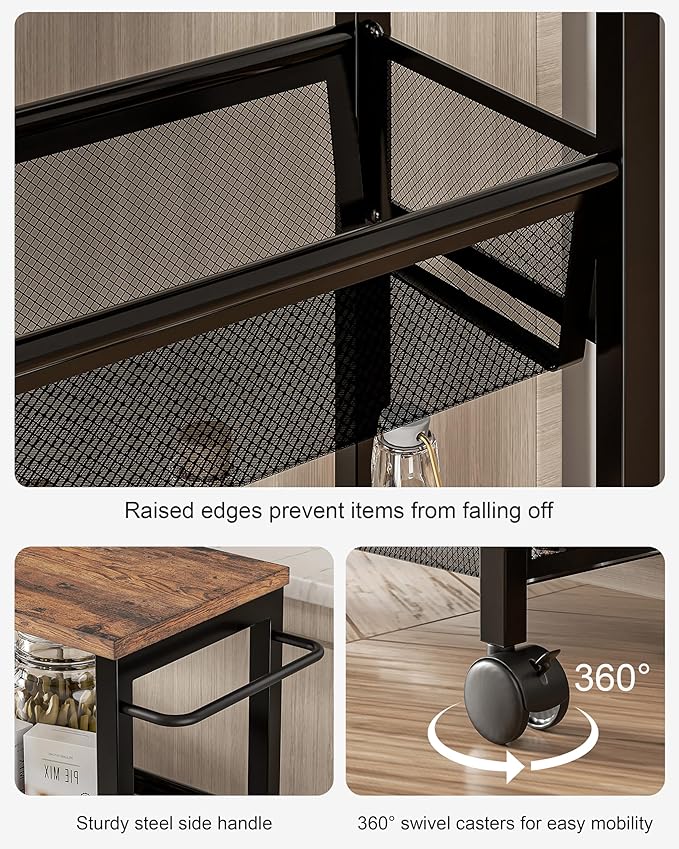 VECELO 4 Tier Slim Rolling Cart Organizer, Rolling Carts On Wheels with Storage, Sturdy Metal Frame Narrow Cart with Handle, Space Saving for Kitchen, Bathroom, Laundry, Rustic Brown