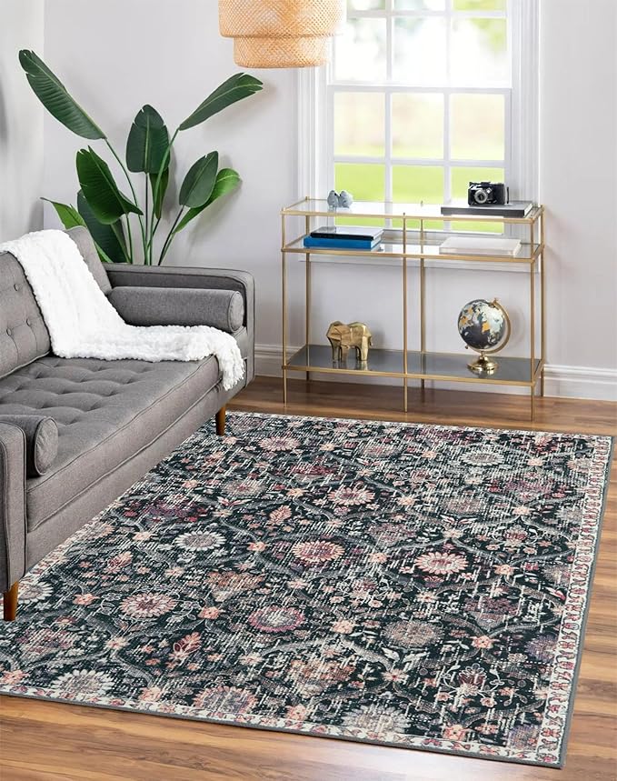 Lahome Moroccan Trellis Washable Small Area Rug, 3x5 Black Rug for Bedroom Living Room, Non-Slip Oriental Accent Throw Carpet for Kitchen Office Entryway Bathroom Office, Black/Multi