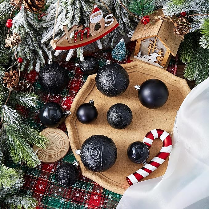 Wironlst Christmas Ball Ornaments - 30pcs Shatterproof Plastic Christmas Ornaments Hanging Ball Decorations for Xmas Tree, Holiday, Wedding, Party (Multi-Size, Black)