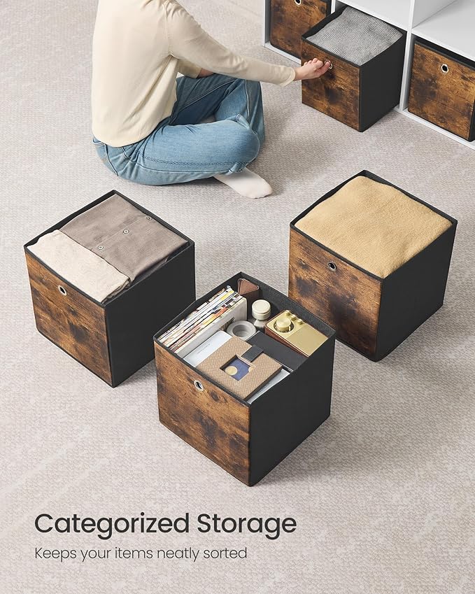SONGMICS Storage Cubes, Set of 8 Storage Bins, Foldable Fabric Storage Boxes, 13 x 13 x 13 Inches, Fit Cube Storage Unit, for Clothes, Bedroom, Living Room, Rustic Brown and Ink Black URFB833B01