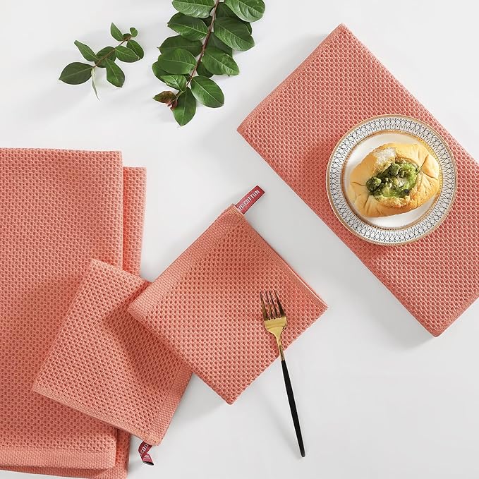 Homaxy 100% Cotton Kitchen Towels and Dishcloths Set, 12 x 12 Inches and 13 x 28 Inches, Set of 8 Bulk Kitchen Towels Set, Ultra Soft Absorbent Dish Cloths for Washing Dishes, Coral