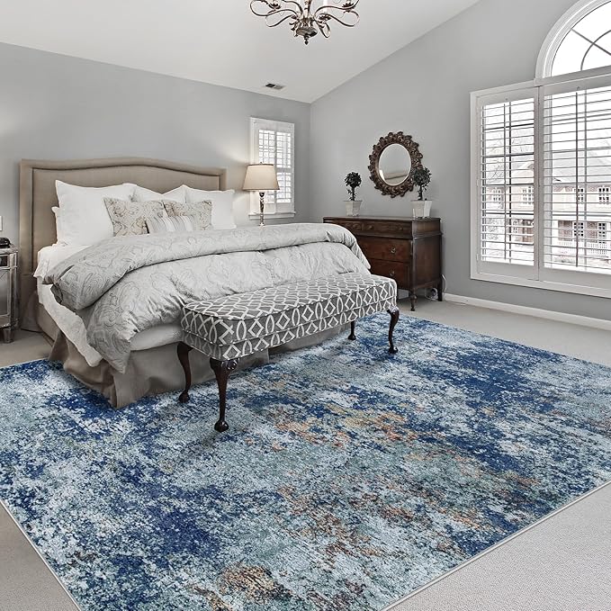 Area Rugs 9x12 Living Room: Large Machine Washable Area Rug with Non Slip Backing Non Shedding Abstract Stain Resistant Carpet for Bedroom Dining Room Nursery Home Office - Blue