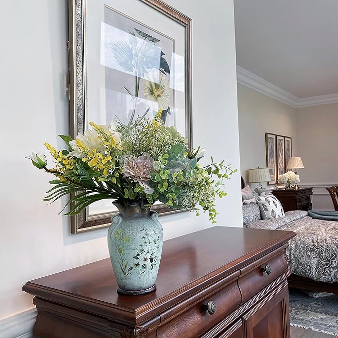 Faux Flowers in Ceramic Vase, Artificial Flower Arrangement Decoration for Home Kitchen Living Dining Room Coffee Table Centerpieces Deco