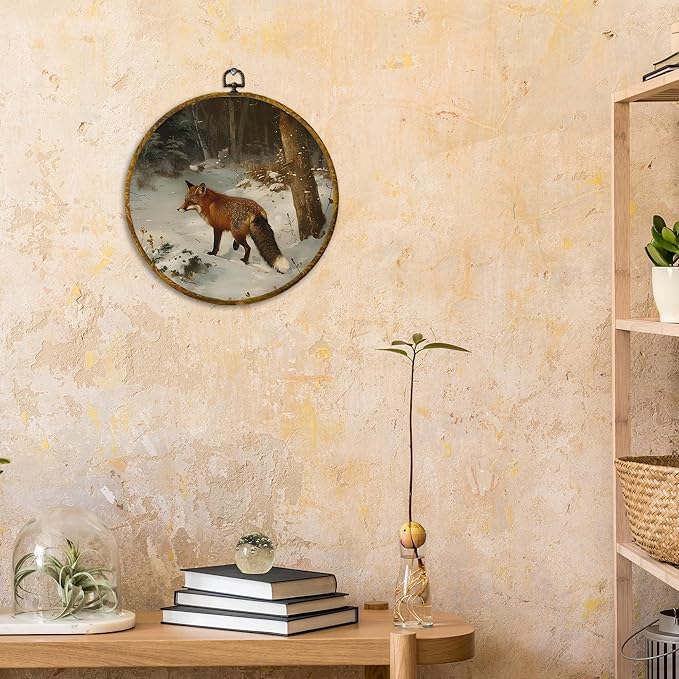 CUANFDDSF Vintage Winter Fox Round Wall Art Decor, Rustic Nature Snowy Forest Fox Wall Hanging Frame Decor, Cozy Winter Farmhouse Wild Animal Canvas Prints Decorations for Home Bedroom, 10x10 Inch