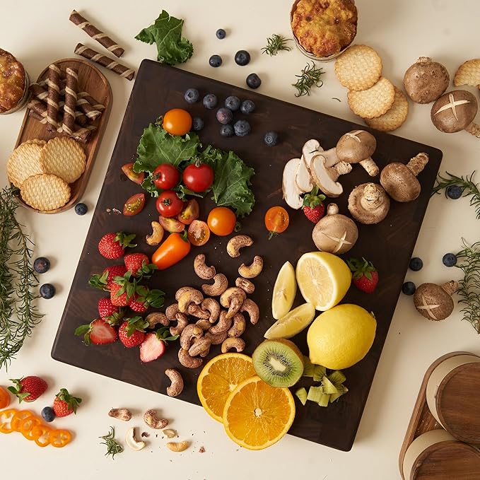 American Dark Walnut Wood Cutting Board Large, Square 14x14 x1.2in for Kitchen and End Grain Butcher Block Finished with Linseed Oil, Beeswax, Carnauba wax & Lemon Oil