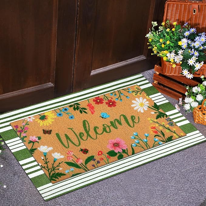 2 Pcs Floral Welcome Doormat Flower Outdoor Welcome Mats for Front Door Non Slip Wildflower Coir Floor Mat Green White Stripe Layering Rug for Outside Front Porch Entryway Decor