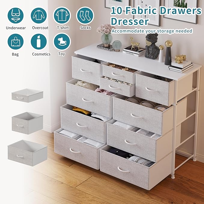 LUMTOK 10-Drawer Dresser, Fabric Dressers Drawers for Bedroom, Hallway, Nursery, Closets, Steel Frame, Wood Top, Easy Pull Handle (Light Grey)