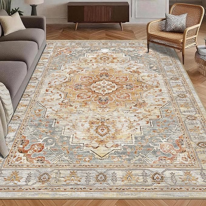Washable Area Rug 4' x 6' Vintage Traditional Persian Mat - Foldable Distressed Non-Slip Machine Washable Carpet for Living Room Bedroom Kitchen Home Decor - Dove Gray and Coral