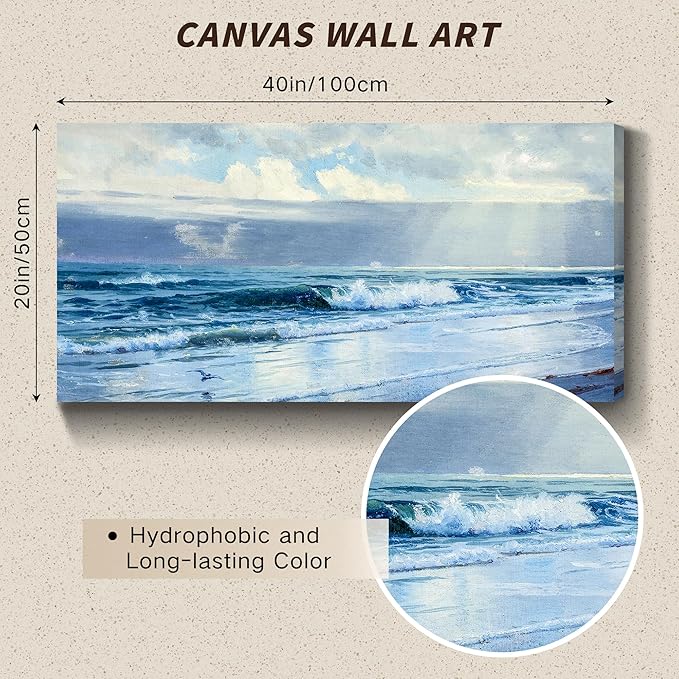 crmotu Beach Large Wall Art, Coastal Landscape Vintage Decor Painting, Sun and Ocean Waves Canvas Art Prints, Blue Aesthetic Wall Pictures for Living Room Bedroom bathroom, Office Decor 20"X40"