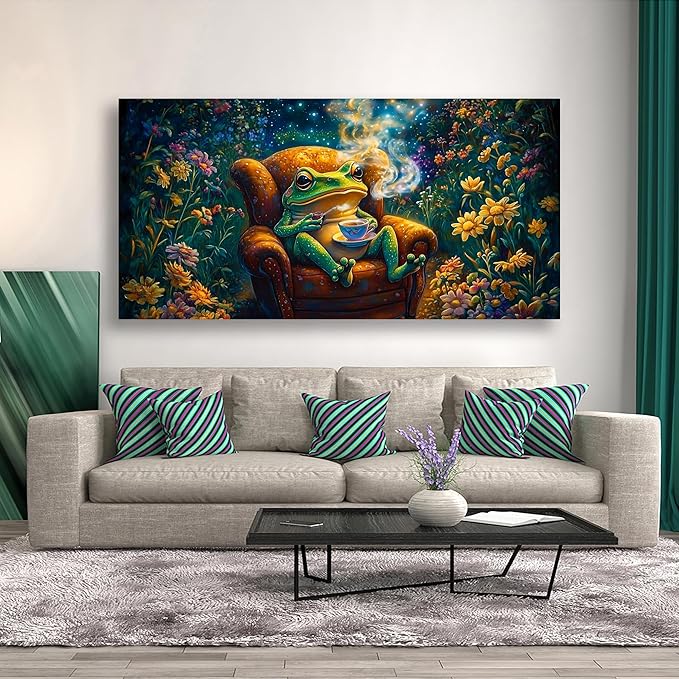 Garden Frog Sipping Tea Picture Print Canvas Wall Art Living Room Office Bedroom Wall Decoration Fantasy Wall Art Prints Modern Green Blue Landscape Artwork Waterproof Ready to Hang - 20x40 inches