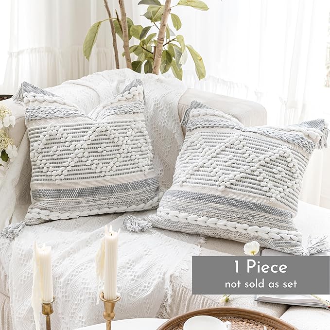 Gray Cream White Boho Throw Pillow Cover 20X20, Boho Woven Textured Pillow Cover, Neutral Pillow Cover, Sofa Couch Bed Farmhouse Lumbar Pillow (Cover ONLY)