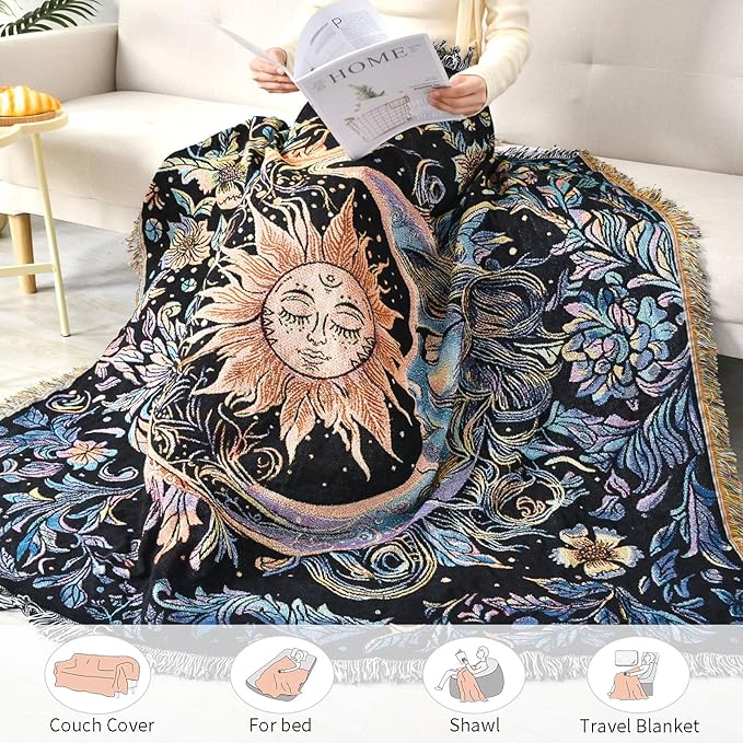 Boho Throw Blanket Reversible Cotton Bohemian Tapestry Hippie Room Decor Outdoor Blanket Double Sided (Boho Sun Black 50"x60")