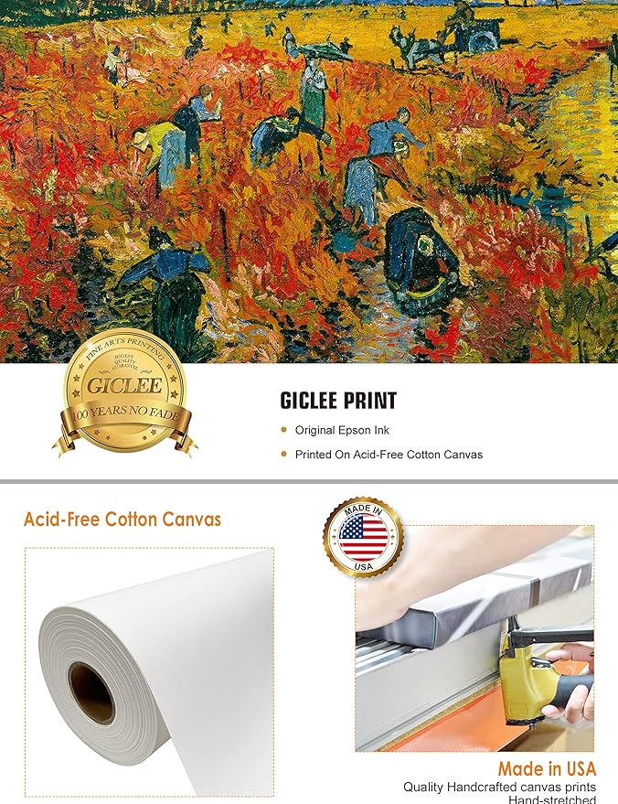 DECORARTS - The Red Vineyards, Vincent Van Gogh Art Reproduction. Giclee Print on Canvas. Wall Art for Home. 40x32