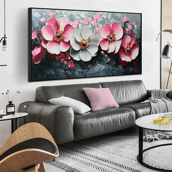 Pink and White Flower Wall Paintings for Bedroom - Bedroom Wall Decor for Teen Girls - Large Modern Hand Painted Framed Wall Art Size 29" x 59"