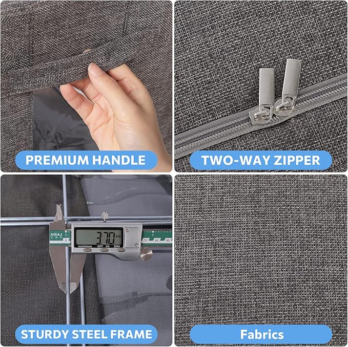 Clothes Storage Bins Box - Linen Fabric Foldable Stackable Container Organizer Set with Clear Window & Carry Handles & Metal Frame (Dark Gray, Medium-36L)