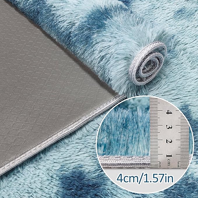 Super Soft Fluffy Living Room Area Rug 3x10 ft Tie-Dyed Light Blue Shaggy Furry Carpet Washable Non-Slip Floor Rugs Bedroom Bedside Nursery Rug Fuzzy Girls Boy Dorm Home Decor Aesthetic