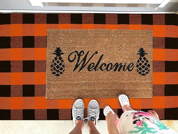 KOZYFLY Buffalo Plaid Rug 3x5 Ft Orange and Black Checke Orange Rug Halloween Fall Door Mat Woven Cotton Washable Area Rugs Door Mat Outdoor Entrance for Front Porch Entryway Fall Decor