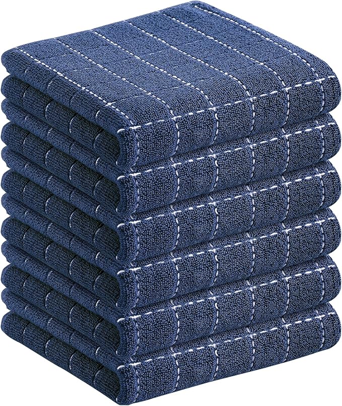 Homaxy 100% Cotton Terry Kitchen Towels(Navy Blue, 13 x 28 inches), Checkered Designed, Soft and Super Absorbent Dish Towels, 6 Pack