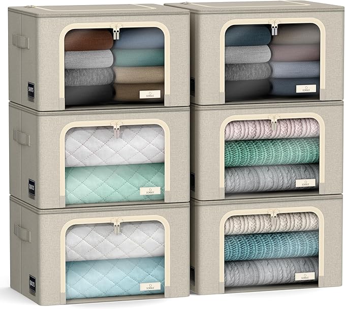 Sorbus Storage Bins with Metal Frame - Stackable & Foldable Clothes Organizer Bags - Oxford Fabric Storage Containers with Large Clear Window & Carry Handles Organization for Bedding Linen & Clothing