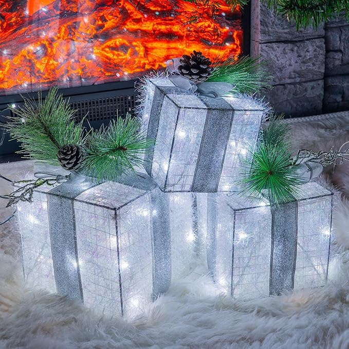 Hourleey Set of 3 Christmas Lighted Gift Boxes, Pre-lit 60 LED Light Up Present Boxes Ornament Outdoor White Tinsel Boxes Decoration for Indoor Christmas Home Yard Lawn Decor