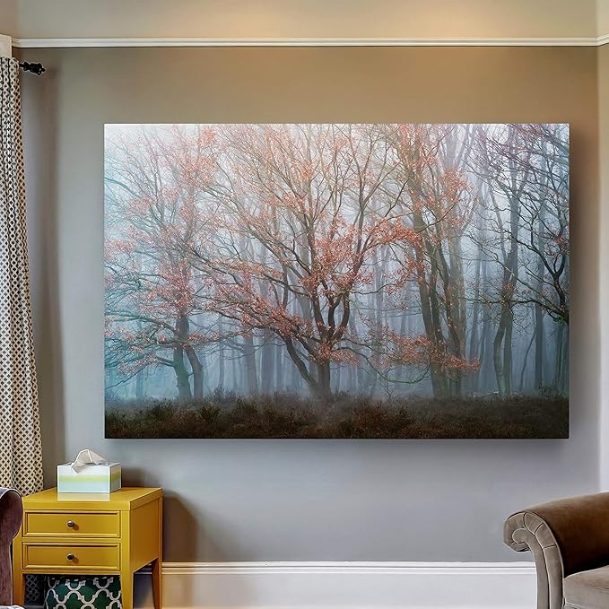 Renditions Gallery Canvas Nature Wall Hanging Art Misty Orange Autumn Trees Forest Modern Artwork for Bedroom Living Room Kitchen Walls - 12"X18" LT08