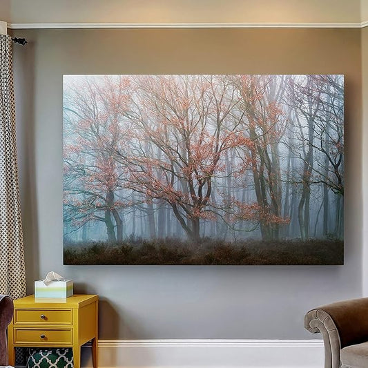 Renditions Gallery Canvas Nature Wall Hanging Art Misty Orange Autumn Trees Forest Modern Artwork for Bedroom Living Room Kitchen Walls - 24"X36" LT08