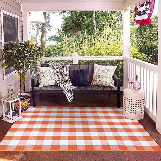 SEEKSEE Cotton Buffalo Plaid Rug 4'x6' Orange and White Checked Rug Washable Doormats Indoor Outdoor Rugs for Layered Front Door Mats, Porch, Kitchen, Farmhouse, Entryway