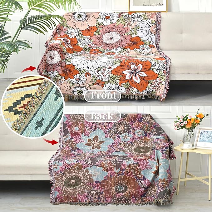 Boho Throw Blanket Reversible Cotton Bohemian Tapestry Hippie Room Decor Outdoor Blanket Double Sided (Boho Flower 50"x60")