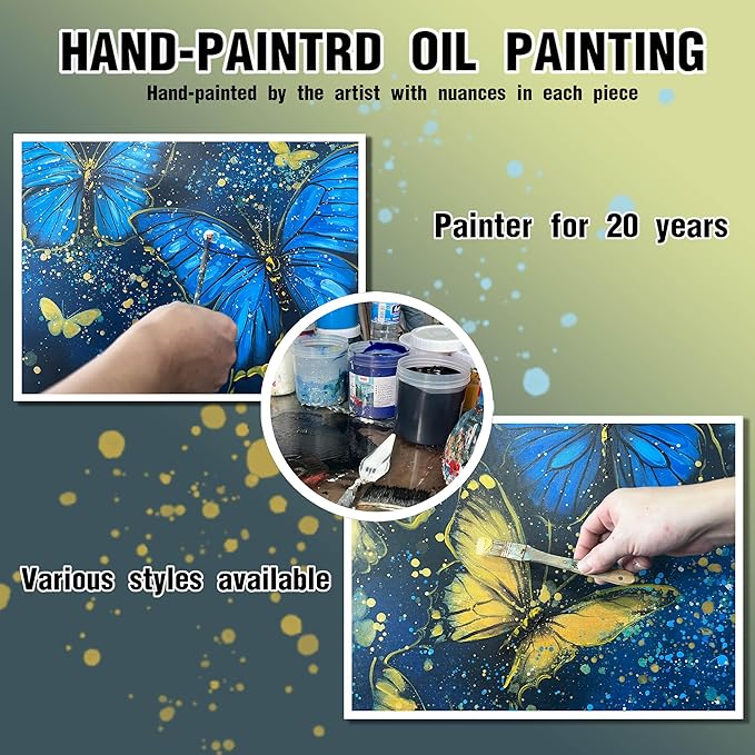 Bedroom Butterfly Pictures Wall Decor for Women - Gold and Blue Wall Art for Living Room - Framed Hand Painted Oil Paintings on Canvas Wall Art Size 29" x 59"