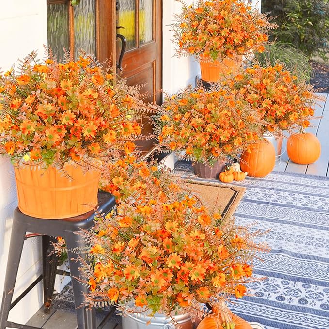 24 Pcs Artificial Fall Flowers for Outdoors Fake Fall Flowers UV Resistant Faux Fall Mums Plants Autumn Decor for Outside Home Planter Front Porch Garden