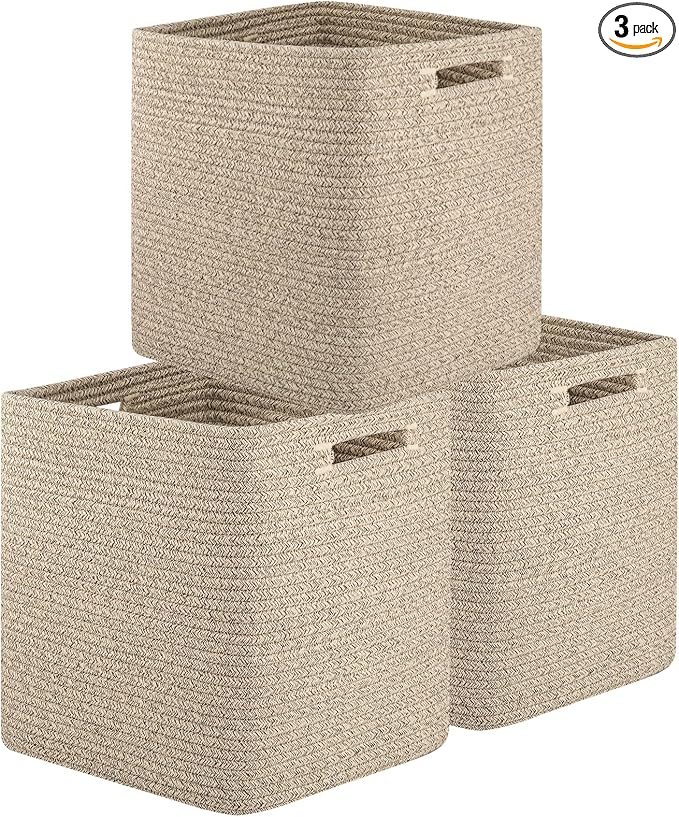 OIAHOMY Storage Cubes, 13 Inch Cube Storage Organizer, Collapsible Storage Bins, Baskets for Organizing, Storage Bins for Shelves-Brown, 3-PACK