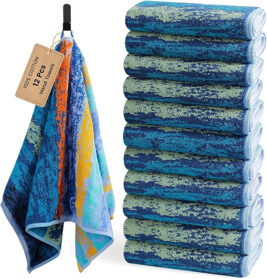 SEMAXE 12 Pack Hand Towels for Bathroom, 100% Cotton Towels with Hanging Loops, Soft & Absorbent, Hand Towel Set for Gym, Shower, Hotel, Spa and Kitchen, Colorful Towel - The Starry Night Collection