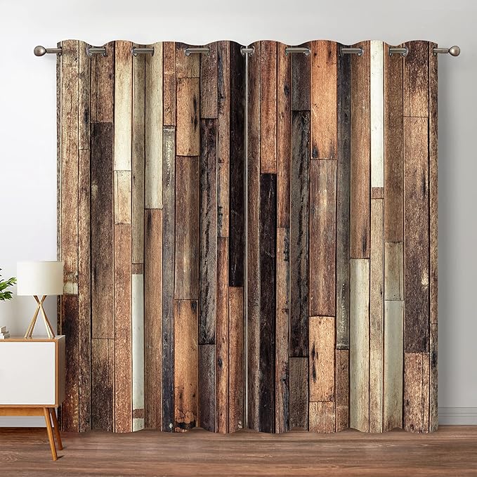 Jekeno Rustic Wooden Blackout Curtains Brown Wood Hardwood Floor Plank Board Door of Farmhouse Village Rural Lodge Retro Decor for Bedroom Living Room Grommet Window Drapes 2 Panel Set, 52"x84"