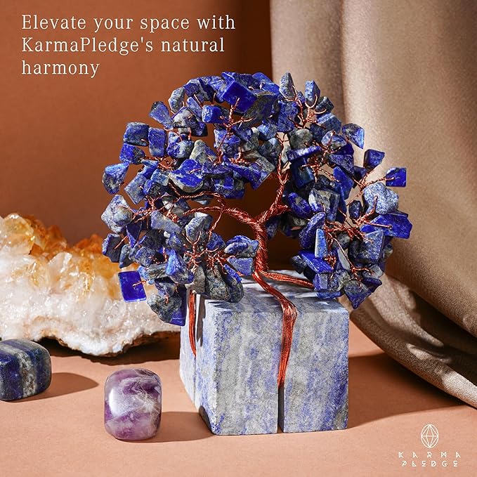 Crystal Tree for Birthday Gifts for Women, Handmade Raw Crystal Base Lapis Lazuli Chakra Healing Crystal Tree of Life for Positive Energy, Money, Good Luck, Christmas Décor, Home and Office Decor