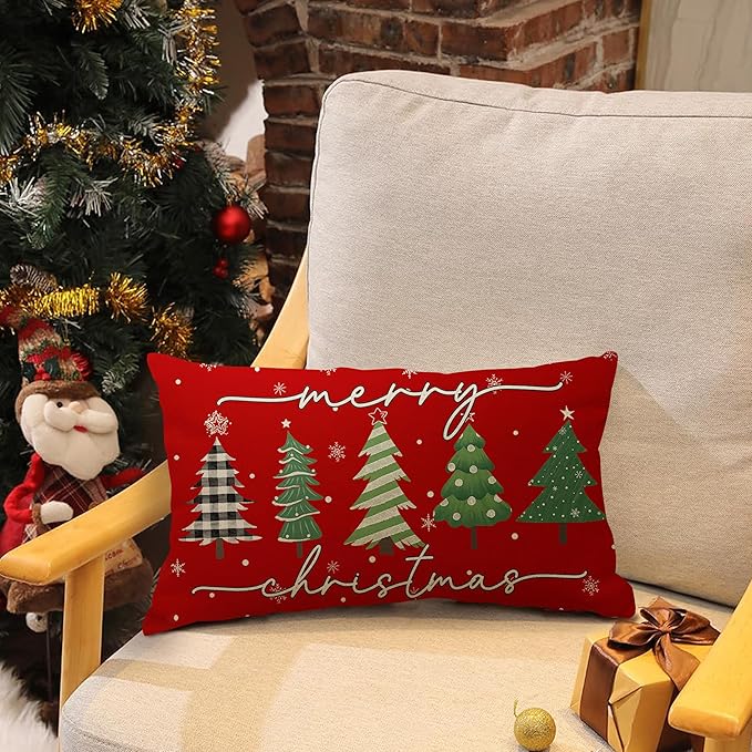 Christmas Pillow Covers 12x20 Inch, Red Green Christmas Tree Decorative Pillow Covers Winter Holiday Cushion Cases Decor for Home Couch Sofa