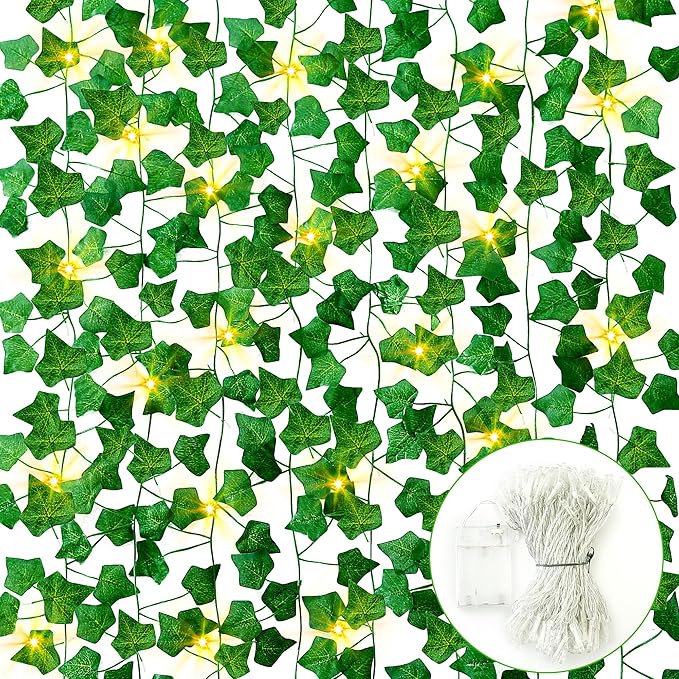 Sggvecsy 24 Pack 84Ft Artificial Ivy Leaf Plants with LED String Lights Fake Ivy Leaves Artificial Ivy Garland Greenery Hanging Plants Vines for Wedding Wall Party Home Room Kitchen Garden Decor