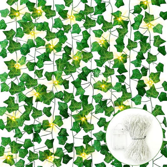 Sggvecsy 24 Pack 84Ft Artificial Ivy Leaf Plants with LED String Lights Fake Ivy Leaves Artificial Ivy Garland Greenery Hanging Plants Vines for Wedding Wall Party Home Room Kitchen Garden Decor