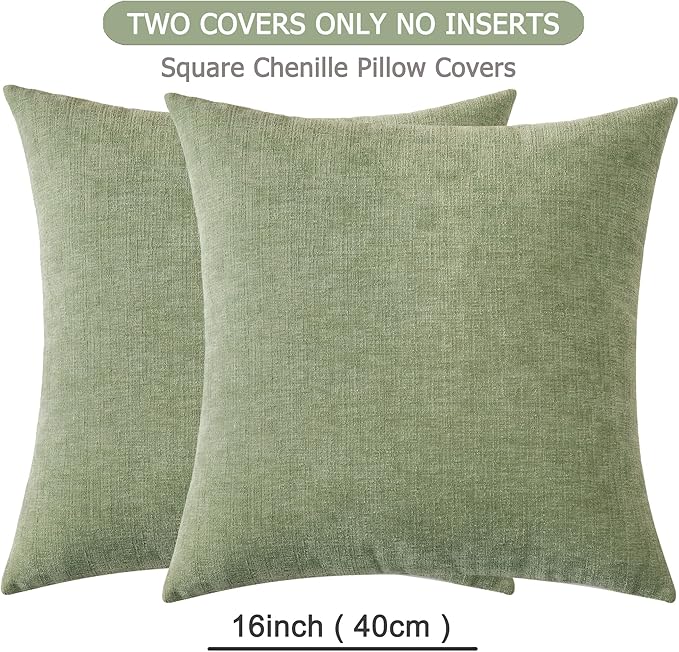 GAWAMAY Decorative Throw Pillow Covers 16x16 Inch Set of 2, Super Soft Chenille Square Pillows Farmhouse Fall Pillowcase for Living Room Bedroom Sofa Couch Cushion Cover 40x40cm Sage Green