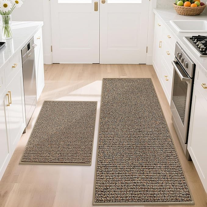 BEQHAUSE Kitchen Rugs and Mats 2PCS, Non-Slip Kitchen Mats for Floor, Absorbent and Stain Resistant Kitchen Runner, Machine Washable Rugs for Kitchen, Laundry & Sink, 20"x32"+20"x48", Taupe