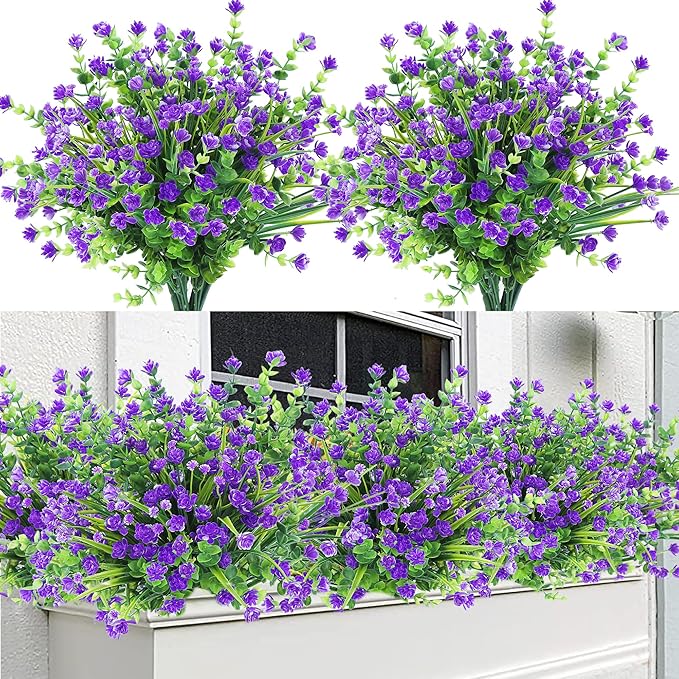 Sggvecsy Artificial Flowers for Outdoors 12 Bundles UV Resistant Boxwood Shrubs Artificial Eucalyptus Fake Plants Faux Plastic Greenery for Farmhouse Garden Home Indoor Outdoor Decoration（Purple）