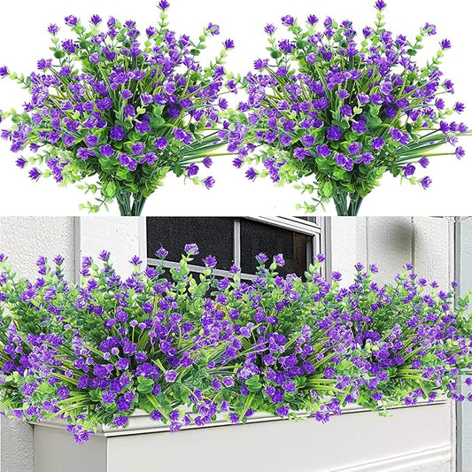 Sggvecsy Artificial Flowers for Outdoors 12 Bundles UV Resistant Boxwood Shrubs Artificial Eucalyptus Fake Plants Faux Plastic Greenery for Farmhouse Garden Home Indoor Outdoor Decoration（Purple）