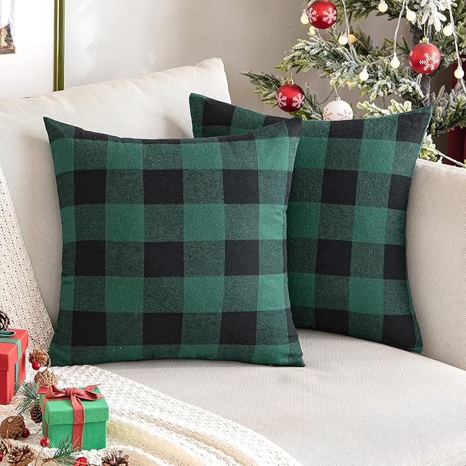 MIULEE Pack of 2 Buffalo Check Plaids Throw Pillow Covers Classic Retro Linen Farmhouse Cushion Case Soft Square Pillowcases for Home Decor Sofa Bedroom Couch 20 x 20 Inch Green and Black