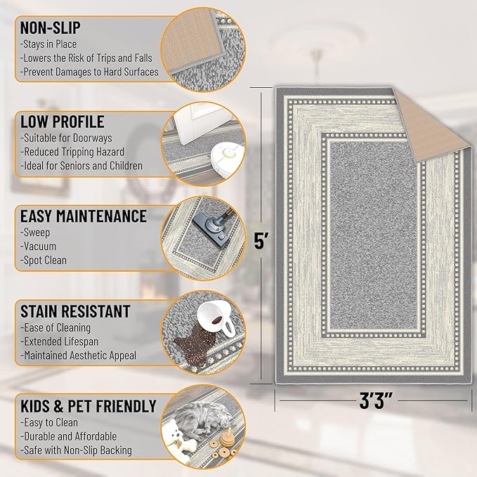 Ottomanson 3'3" x 5' Rugs for Living Room Border Area Rug for Bedroom - Non Slip Durable Large Floor Carpet for High Traffic Areas - Indoor Rug for Dining Room Kitchen Kids Playroom, Light Gray