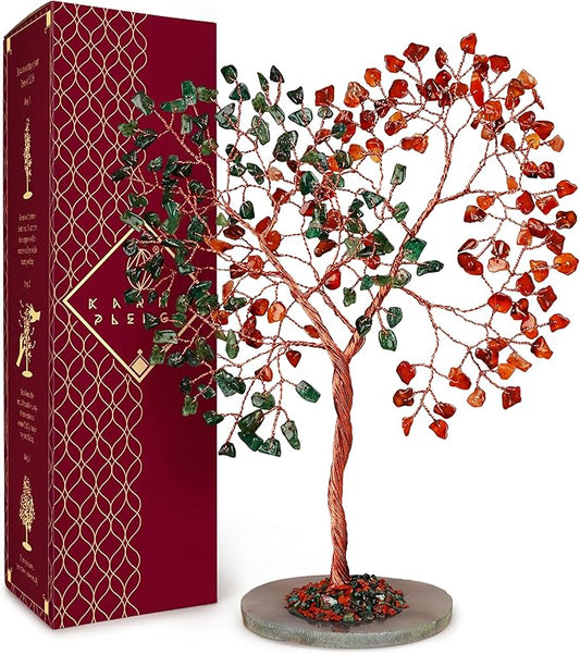 Crystal Tree for Home and Office Decoration, Carnelian & Green Aventurine Healing Stones Handmade Tree of Life for Positive Energy, Money, Good Luck, Christmas Decor, Birthday Gifts for Women, Mom