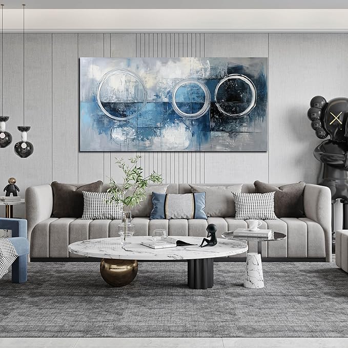 AOZEMI Blue Wall Decor for Living Room Office Abstract Canvas Wall Art Large Modern Picture Artwork Grey and White Circle Art 29" x 59"