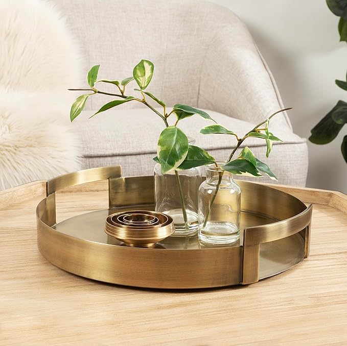 Kate and Laurel Myo Transitional Metal Round Tray, 15 x 15, Brass, Modern Glam Circular Decorative Serving Tray with Handles for Storage, Display, and Decor