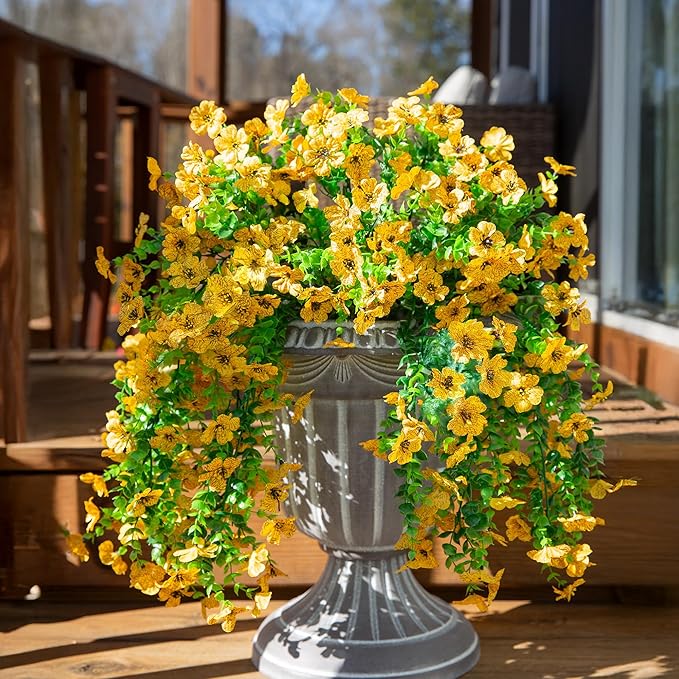 INSPRING Artificial Flowers Fall Faux Outdoor Outside Plants, 2 PCS Fake Silk UV Resistant Look Real Yellow Daisy Trailing Vines for Front Door Porch Planter Urn Patio Balcony Decoration