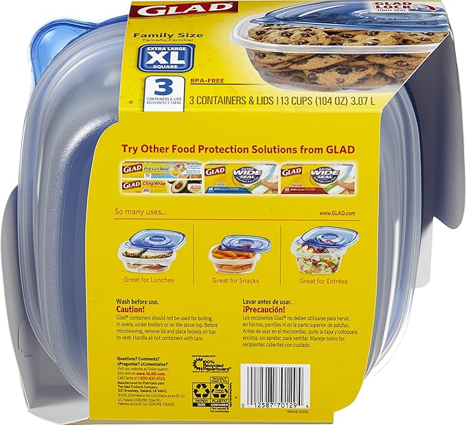 GladWare Family Size Food Storage Containers, XL | Large Square Food Storage, Containers Hold up to 104 Ounces of Food, Large Set 3 Count Food Containers | Tupperware, Plastic Food Container