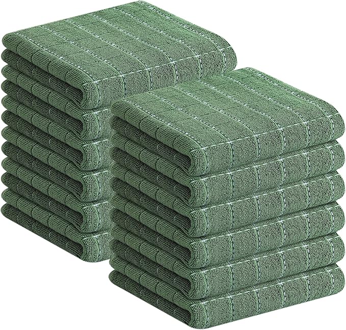Homaxy 100% Cotton Terry Kitchen Towels(Grass Green, 13 x 28 inches), Checkered Designed, Soft and Super Absorbent Dish Towels, 12 Pack