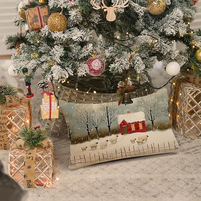 Christmas Pillow Covers - 12x20 Watercolor Snowflake Rustic Style Nature Forest Sheep Decorative Throw Pillows for Winter Decor